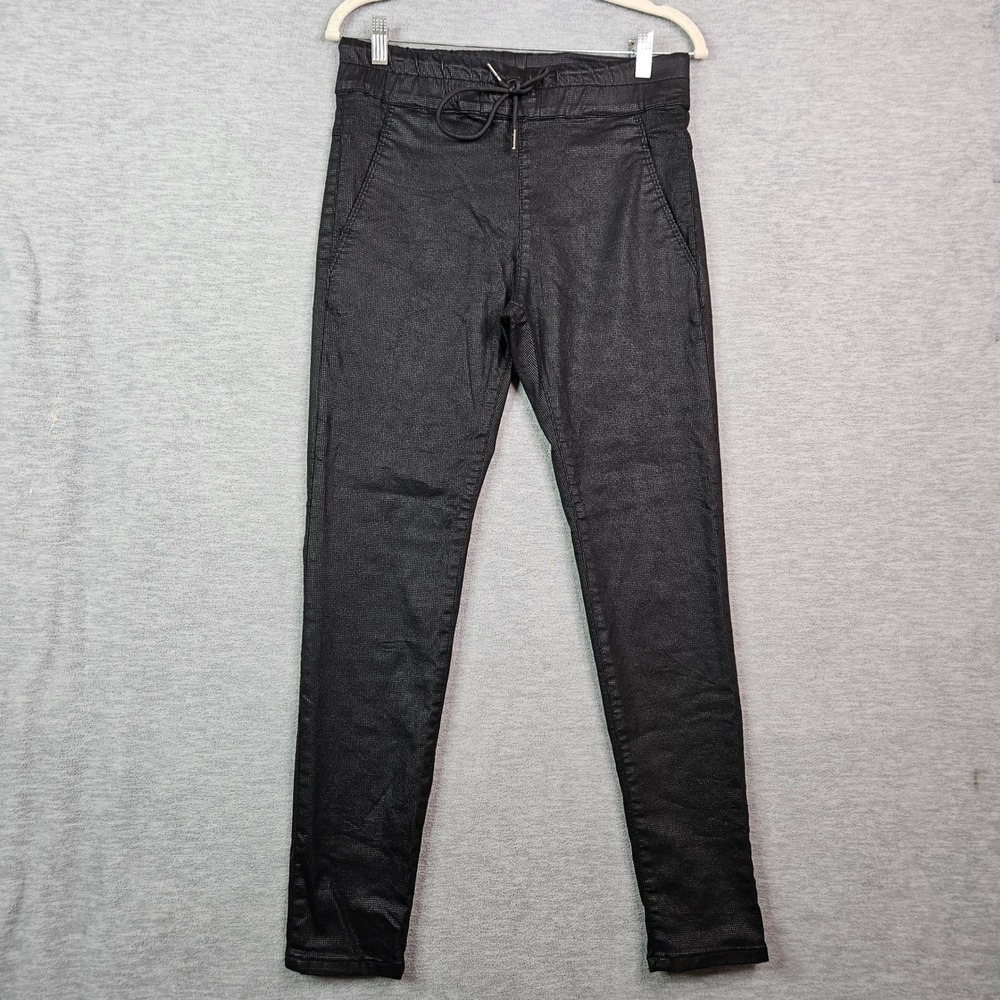 Bevy Flog Black Coated Jogger Pants Drawstring Stretch Micro Check Women's Sz 27